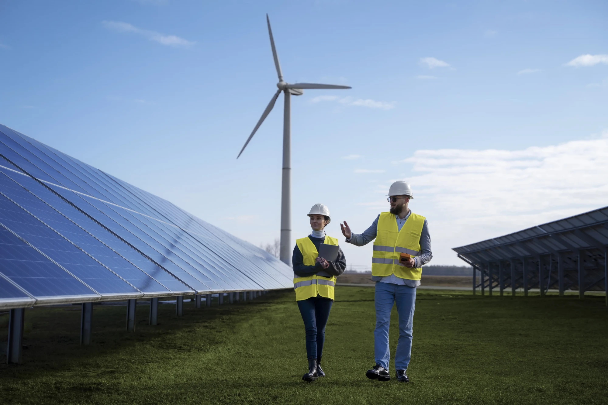 personnes marche au milieu de panneaux solaire Aliatem Consulting achats, gestions de projets industriels investissements techniques