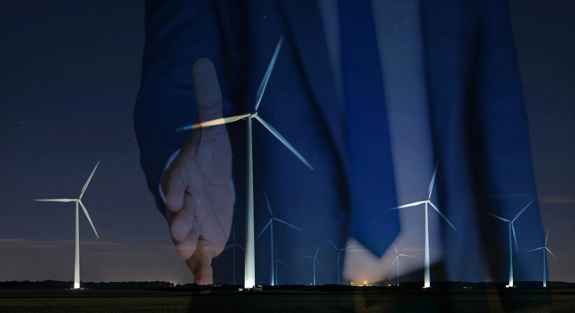 photomontage avwebcreation home tend la main sur fond éoliens contacter Aliatem Consulting